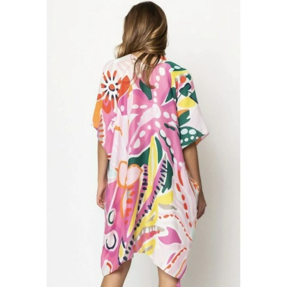 Tropical Floral Print Open Front Kimono with Tassel Fringe - Picture 7 of 7